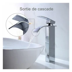 Robinet de salle de bain à bec haut cascade en laiton mitigeur de lavabo robinet de lavabo chromé design moderne