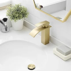 Robinet mitigeur TIBRE bec cascade extra-plat or brossé - Saniverre