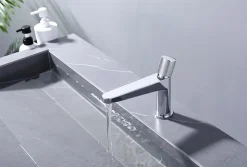 Robinet pour lavabo vasque et évier design en laiton peu bruyant et avec aérateur économie d'eau - H. 16,3cm - Chrome