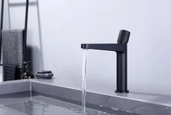 Robinet pour lavabo vasque et évier design en laiton peu bruyant et économe en eau - H. 21,5cm - Noir (mat)