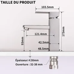 Robinet Salle Bain Carrée Mitigeur de lavabo Eau Froide Chaude Disponible Robinet Lavabo en Acier Inoxydable Mousseur Démontable