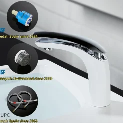 Robinet Salle de Bain Blanc Mitigeur de Lavabo En Laiton de Qualité Robinetterie pour Lavabo Hauteur sous Bec 125mm
