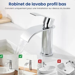 Robinet Salle de Bain Cascade, Mitigeur lavabo Rond Robinet lavabo Eau Froide/Chaude