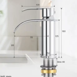 Robinet Salle de Bain Cascade, Mitigeur lavabo Rond Robinet lavabo Eau Froide/Chaude