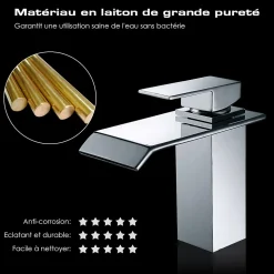 Robinet Salle de Bain Cascade Robinet de Lavabo en Laiton Mitigeur de Salle de Bain Chromé Forme Carré