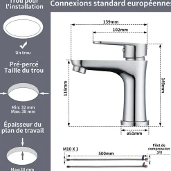 Robinet Salle de Bain Chromé Mitigeur de Lavabo à Deux Voies pour Salle de Bain Robinet Lavabo en Acier Inox