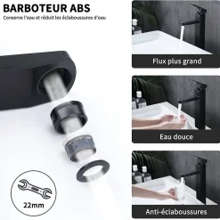 Robinet Salle de Bain Haut Mitigeur Salle Bain pour Vasque Robinet de Lavabo avec Poignée Carré Design Moderne Noir