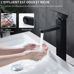 Robinet Salle de Bain Haut Mitigeur Salle Bain pour Vasque Robinet de Lavabo avec Poignée Carré Design Moderne Noir