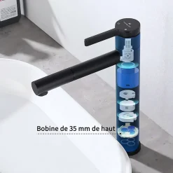 Robinet Salle de Bain Noir Mitigeur pour Vasque Haut Bec Pivotant Robinetterie de Lavabo en Acier Inox Design Moderne