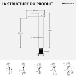 Robinet Salle de Bain Noir Cascade Grand Mitigeur Lavabo en Laiton Robinetterie Lave-mains pour Vaque Salle de Bain Design Moderne