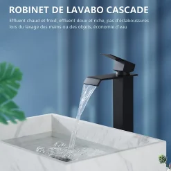 Robinet Salle de Bain Noir Cascade Grand Mitigeur Lavabo en Laiton Robinetterie Lave-mains pour Vaque Salle de Bain Design Moderne