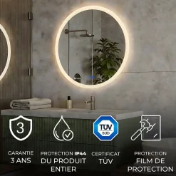 Rond Miroir Salle de Bain 80cm, Miroir led avec Tactile, Systeme Couleur DUAL LED et Fonction Anti-buée
