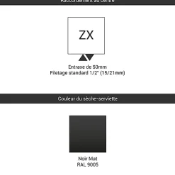 Sèche-serviette eau chaude noir de 1700mm de haut et 400mm de large - 703 Watt - LIM1700/400ZXN
