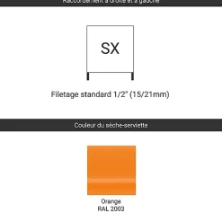 Sèche-serviette eau chaude orange de 1695mm de haut/600mm de large - 1410 Watt - WAR1695/600TSX2003