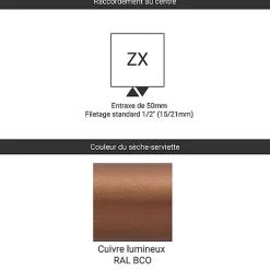 Sèche-serviette eau chaude cuivre lumineux de 1710mm de haut et 400mm de large - 531 Watt - VIP1710/400ZXBCO