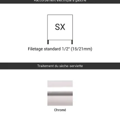 Sèche-serviette eau chaude chromé de 1260mm de haut / 500mm de large - 387 Watt - BON1260/500SXCRO