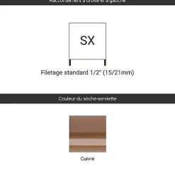 Sèche-serviette eau chaude cuivre de 1170mm de haut et 504mm de large - 210 Watt - RET1170/504SXCOP