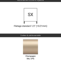 Sèche-serviette eau chaude champagne 1380mm de haut et 436mm de large - 530 Watt - LEN1380/436SXCPG