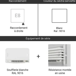 Sèche-serviette électrique blanc de 1180mm de haut et 500mm de large - 600 Watt - POL1180/500E8BBLO