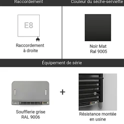 Sèche-serviette électrique noir de 1320mm de haut et 500mm de large - 800 Watt - CIT1320/500E8NBLO