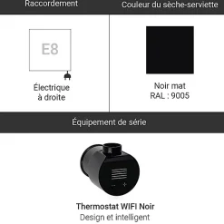 Sèche-serviette électrique noir thermostat wifi - HxL 630x1825mm - 2000 Watt - WAR630/1825ROE8NW