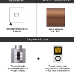 Sèche-serviette électrique programmable cuivré - HxL 750x400mm - 200 Watt - VIP750/400E1BCOP