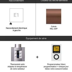Sèche-serviette électrique programmable cuivré - HxL : 753x600 - 400 Watt - JAD753/600E1COPP
