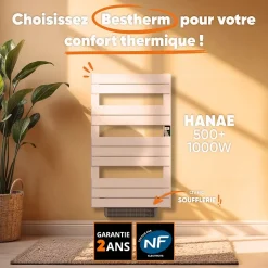 Sèche-serviette électrique sans fluide avec soufflerie 500W+1000W H.108,4xL60cm BESTHERM HANAE blanc