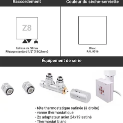 Sèche-serviette mixte blanc de 1780mm de haut et 500mm de large - 627 Watt - ZIG1780/500KDZ8B