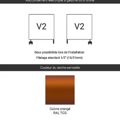Sèche-serviette mixte cuivré de 1280mm de haut et 200mm de large - 251 Watt - EAS1280/200V2TCG