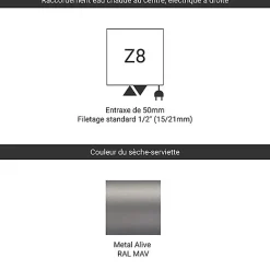 Sèche-serviette mixte gris métal de 1710mm de haut et 230mm de large - 425 Watt - MIK1710/230Z8MAV
