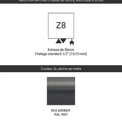 Sèche-serviette mixte gris de 1620mm de haut 630mm de large - 834 Watt - FIO1620/630Z8RGY