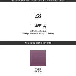 Sèche-serviette mixte violet de 1780mm de haut et 500mm de large - 678 Watt - ZIG1780/500Z84001
