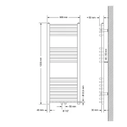 Sèche-Serviettes Sahara Non Électrique - 500 x 1200 mm - Blanc - Connexion Central - sans Kit de Raccordement - Forme Courbé