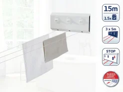 Séchoir à linge mural 15 m d'étendage, 3 fils, enrouleur automatique, blanc, Leifheit Rollfix Triple 150 Longline