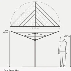 Séchoir à linge parapluie 50 m d'étendage avec housse et douille, Brabantia Topspin