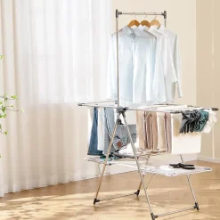 Séchoir à Linge Pliable, Barre de Suspension, Ailes Réglables, Pinces à Chaussettes, Tissu en Maille ,Crochets à Chaussures