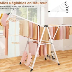 Séchoir à Linge Pliante, avec Ailes Latérales Hauteur Réglable, 20 Barres, Chaussures, Vêtements (1,8 M,Blanc)