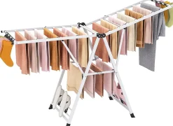 Séchoir à Linge Pliante, avec Ailes Latérales Hauteur Réglable, 20 Barres, Chaussures, Vêtements (1,8 M,Blanc)