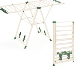 Séchoir à Linge Pliante, avec Ailes Latérales Hauteur, 18 Barres, Chaussures, Vêtements (1,6 M,Beige)