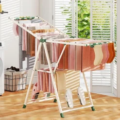 Séchoir à Linge Pliante, avec Ailes Latérales Hauteur, 18 Barres, Chaussures, Vêtements (1,6 M,Beige)