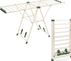 Séchoir à Linge Pliante, avec Ailes Latérales Hauteur Réglable, 20 Barres et 4 Crochets Chaussures, Vêtements (1,8 M,Beige)