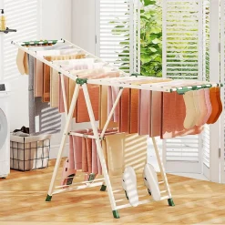 Séchoir à Linge Pliante, avec Ailes Latérales Hauteur Réglable, 20 Barres et 4 Crochets Chaussures, Vêtements (1,8 M,Beige)
