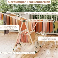 Séchoir à Linge Pliante, avec Ailes Latérales Hauteur Réglable, 20 Barres et 4 Crochets Chaussures, Vêtements (1,8 M,Beige)
