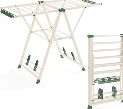 Séchoir à Linge Pliante, avec Ailes Latérales Hauteur, 16 Barres, 28 Pinces Latérales et 4 Crochets, Vêtements (1,4 M,Beige)