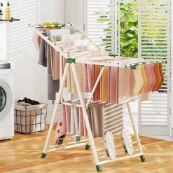 Séchoir à Linge Pliante, avec Ailes Latérales Hauteur, 16 Barres, 28 Pinces Latérales et 4 Crochets, Vêtements (1,4 M,Beige)