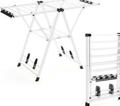 Séchoir à Linge Pliante, avec Ailes Latérales Hauteur, 16 Barres, 28 Pinces Latérales et 4 Crochets, Vêtements (1,4 M,Blanc)