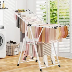 Séchoir à Linge Pliante, avec Ailes Latérales Hauteur, 16 Barres, 28 Pinces Latérales et 4 Crochets, Vêtements (1,4 M,Blanc)
