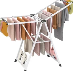 Séchoir à Linge Pliante, avec Ailes Latérales Hauteur, 16 Barres, 28 Pinces Latérales et 4 Crochets, Vêtements (1,4 M,Blanc)