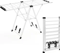 Séchoir à Linge Pliante, avec Ailes Latérales Hauteur Réglable, 18 Barres, Chaussures, Vêtements (1,6 M,Blanc)